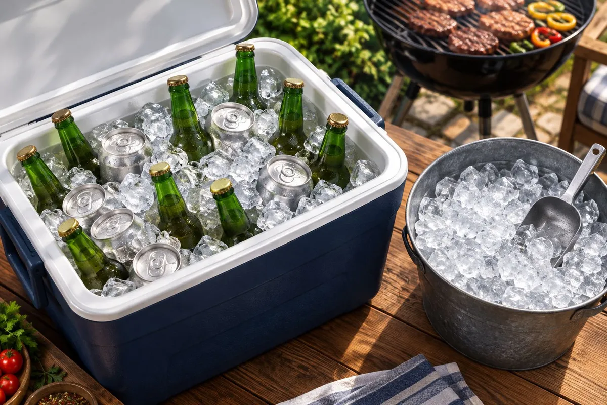 Caixa térmica com garrafas e latas no gelo, ao lado de um balde separado com gelo e utensílio para servir.